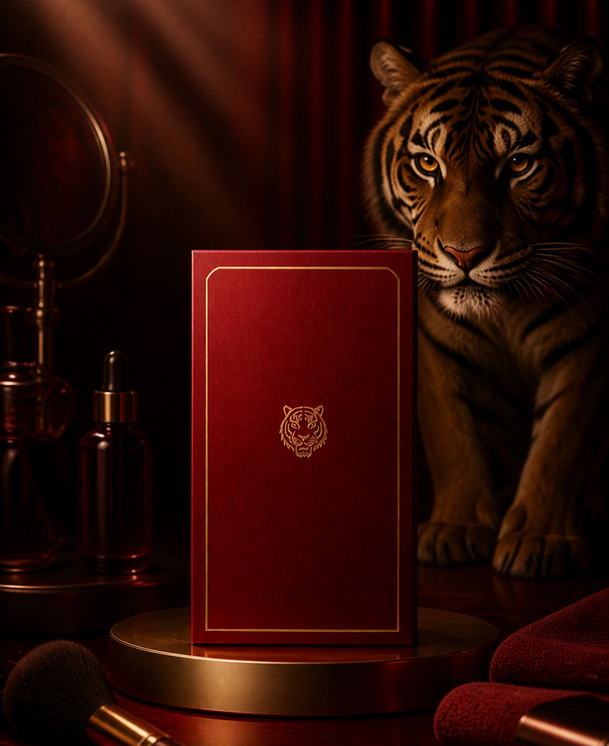 Tigre sob cortinado vermelho atrás de uma placa vermelha com o emblema do tigre