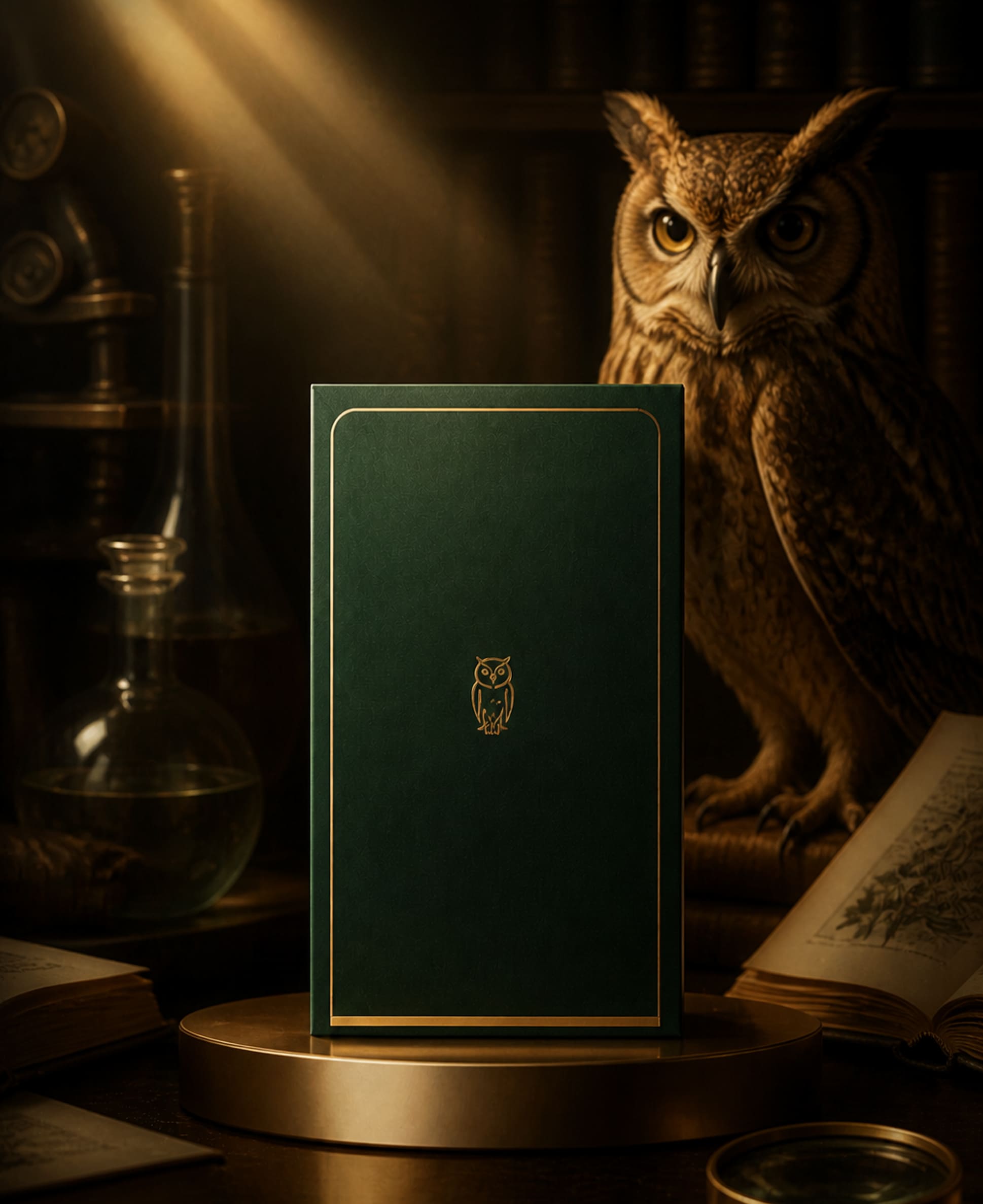 Coruja entre livros e vidraria de laboratório atrás de uma placa verde com o emblema da coruja